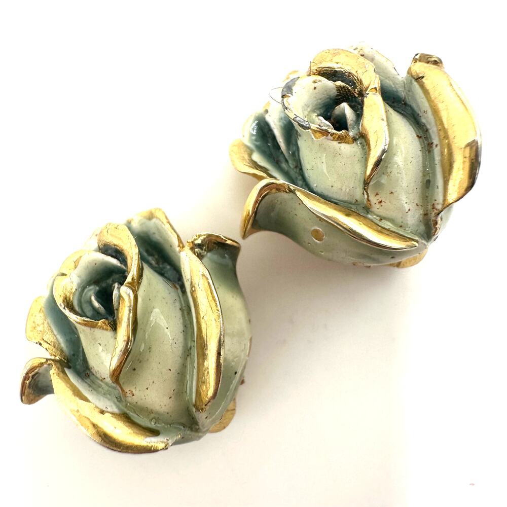 Capri signed vintage gold tone blue enamel 3D roses floral clip on earrings